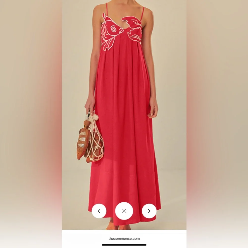Commense Maxi Dress Embroidered Fish Applique Sleeveless Red Size M - Picture 2 of 7
